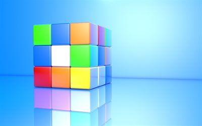 4k, 루빅스 큐브, 3d 아트, 파란색 배경, 창의적인, 큐브, 루빅스 큐브가 있는 사진, 다채로운 큐브