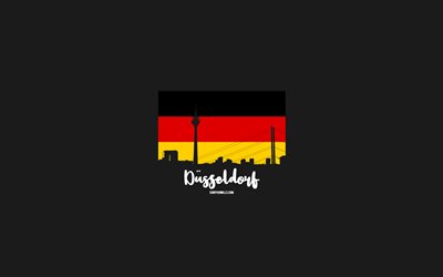 4k, デュッセルドルフ, ドイツの旗, デュッセルドルフのスカイライン, ドイツの都市, デュッセルドルフのミニマル アート, デュッセルドルフの日, デュッセルドルフのスカイライン シルエット, デュッセルドルフの街並み, デュッセルドルフが大好き, ドイツ, 灰色の背景
