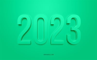 2023 خلفية خضراء فاتحة 3d, 4k, عام جديد سعيد 2023, ضوء الخلفية الخضراء, 2023 مفاهيم, 2023 سنة جديدة سعيدة, 2023 الخلفية