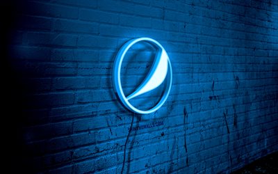 pepsi neon logo, 4k, blue brickwall, grunge art, création, logo on wire