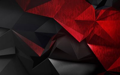 abstração de polígono preto vermelho, fundo de triângulos pretos vermelhos, fundo de polígono, abstração geométrica, fundo preto vermelho criativo, fundo de abstração