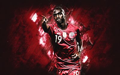 Almoez Ali, Qatar national football team, Qatari football player, burgundy stone background, football, Qatar, Almoez Ali Zainalabedeen Mohamed Abdulla