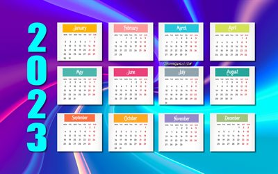 calendário azul roxo 2023, 4k, todos os meses, calendário 2023, conceitos de 2023, fundo abstrato azul roxo, 2023 calendário de todos os meses, arte abstrata