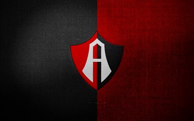 stemma dell'atlas fc, 4k, sfondo in tessuto rosso nero, liga mx, logo dell'atlante fc, logo sportivo, squadra di calcio messicana, atlante dell'fc, calcio, atlante fc