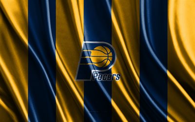 4k, Indiana Pacers, NBA, blue yellow silk texture, Indiana Pacers flag, American basketball team, basketball, silk flag, Indiana Pacers emblem, USA, Indiana Pacers badge
