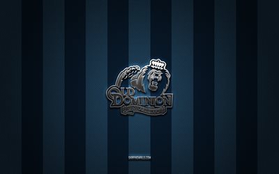 logo des anciens monarques du dominion, équipe de football américain, ncaa, fond de carbone bleu, ancien emblème des monarques du dominion, football américain, anciens monarques du dominion, etats unis, logo en métal argenté old dominion monarchs