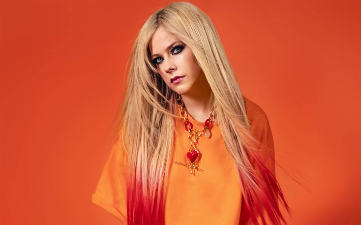 Avril Lavigne, 4k, 2022, canadian celebrity, music stars, orange suit, blonde womna, Avril Ramona Lavigne, canadian singer, Avril Lavigne photoshoot