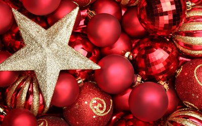 빨간 크리스마스 공, 4k, 골든 스타, 새해 복 많이 받으세요, 빨간 크리스마스 장식, 크리스마스, 크리스마스 공, 빨간 크리스마스 배경, 크리스마스 장식들