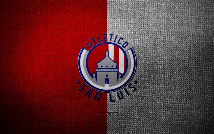 Atletico San Luis badge, 4k, red white fabric background, Liga MX, Atletico San Luis logo, Atletico San Luis emblem, sports logo, mexican football club, Atletico San Luis, soccer, football, Atletico San Luis FC