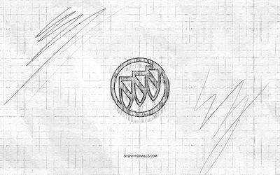 ビュイック スケッチ ロゴ, 4k, 市松模様の紙の背景, ビュイックの黒いロゴ, 車のブランド, ロゴスケッチ, ビュイックのロゴ, 鉛筆画, ビュイック