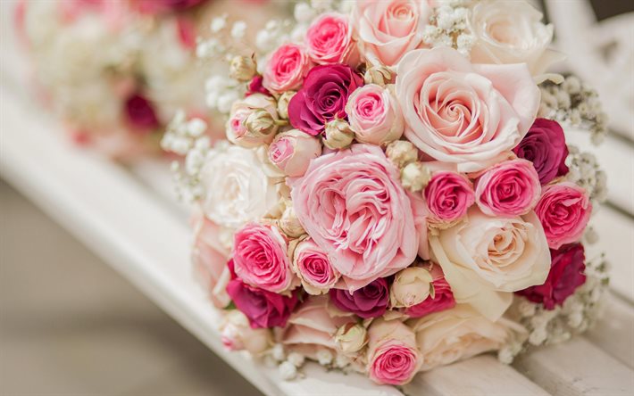 ピンクのバラのブーケ, ブライダルブーケ, ウェディングブーケ, ピンクのバラ, ウェディングカードの背景, バラの花束, 結婚式