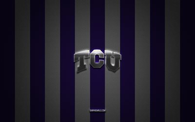 TCU Horned Frogs logo, American football team, NCAA, purple and white carbon background, TCU Horned Frogs emblem, American football, TCU Horned Frogs, USA, TCU Horned Frogs silver metal logo
