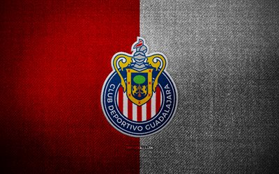 stemma del cd guadalajara, 4k, sfondo di tessuto bianco rosso, liga mx, logo del cd guadalajara, logo sportivo, squadra di calcio messicana, cd guadalajara, calcio, guadalajara fc