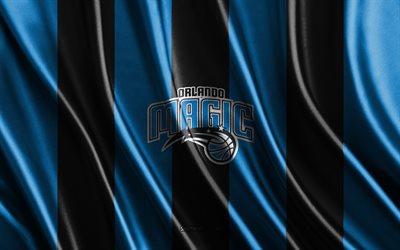 4k, Orlando Magic, NBA, blue black silk texture, Orlando Magic flag, American basketball team, basketball, silk flag, Orlando Magic emblem, USA, Orlando Magic badge