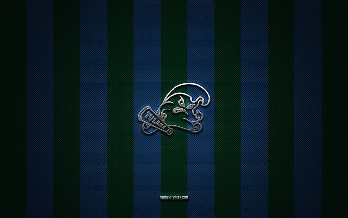 tulane green wave logo, american football team, ncaa, blaugrüner kohlenstoffhintergrund, tulane green wave emblem, amerikanischer fußball, tulane grüne welle, vereinigte staaten von amerika, tulane green wave logo aus silbernem metall