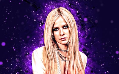 Avril Lavigne, 4k, violet neon lights, canadian celebrity, music stars, creative, violet abstract background, Avril Ramona Lavigne, canadian singer, Avril Lavigne 4K
