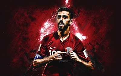 Hasan Al-Haydos, Qatar National Football Team, Portrait, Burgundy Stone Background, Qatari Football Player, Qatar, Football