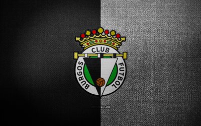 Burgos CF badge, 4k, black white fabric background, LaLiga2, Burgos CF logo, Burgos CF emblem, sports logo, Burgos CF flag, spanish football club, Burgos CF, La Liga 2, soccer, football, Burgos FC