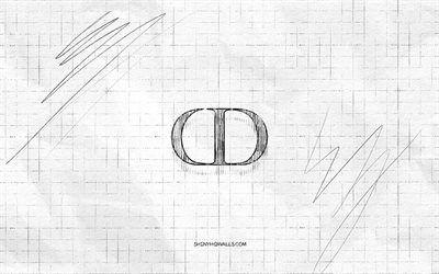 Christian Dior sketch logo, 4K, checkered paper background, Christian Dior black logo, fashion brands, logo sketches, Christian Dior logo, pencil drawing, Christian Dior