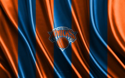 4k, new york knicks, nba, trama di seta blu arancione, bandiera dei new york knicks, squadra di basket americana, pallacanestro, bandiera di seta, stemma dei new york knicks, stati uniti d'america, distintivo dei new york knicks