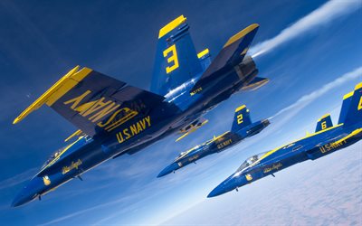 McDonnell Douglas FA-18 Hornet, Blue Angels, F-18, United States Navy, aviation group, American fighters, American aerobatic team, military aircraft