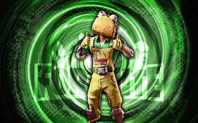 4k, guaco, fortnite, fondo verde grunge espiral, piel de guaco, guaco personaje fortnite, guaco fortnite, personajes de fortnite, arte grunge