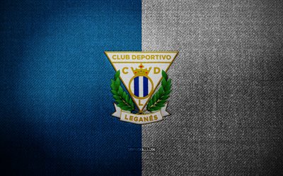 cd leganes rozeti, 4k, mavi beyaz kumaş arka plan, laliga2, cd leganes logosu, cd leganes amblemi, spor logosu, cd leganes bayrağı, ispanyol futbol kulübü, cd leganes, la liga 2, futbol, leganes fc