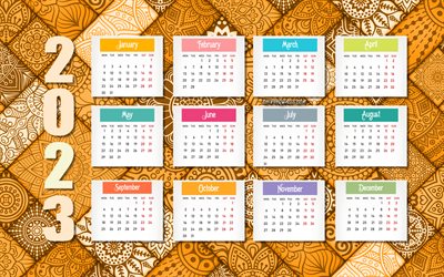 oranger kalender 2023, 4k, alle monate, kalender 2023, 2023 konzepte, orangefarbener ornamenthintergrund, 2023 alle monate kalender, blumenverzierungshintergrund