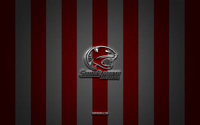 south alabama jaguars logo, american football team, ncaa, roter weißer kohlenstoffhintergrund, south alabama jaguars emblem, amerikanischer fußball, jaguare aus south alabama, vereinigte staaten von amerika