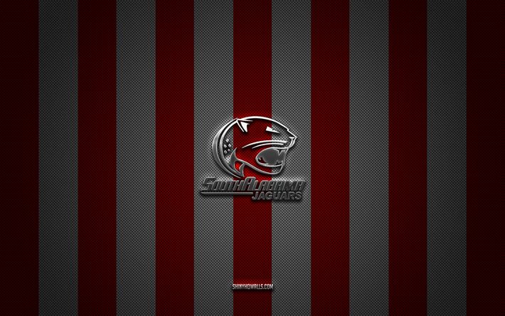 شعار جاكوار جنوب ألاباما, فريق كرة القدم الأمريكية, الرابطة الوطنية لرياضة الجامعات, أحمر أبيض الكربون الخلفية, كرة القدم الأمريكية, جنوب ألاباما جاكوار, الولايات المتحدة الأمريكية