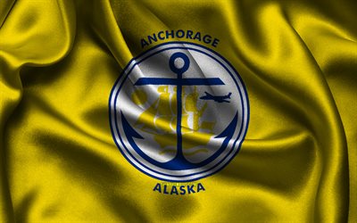 アンカレッジの旗, 4k, 米国の都市, サテンフラグ, アンカレッジの日, アメリカの都市, 波状のサテンの旗, アラスカの都市, アンカレッジ アラスカ, アメリカ合衆国, アンカレッジ