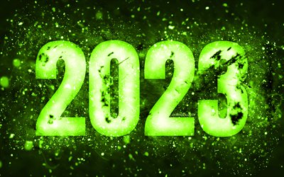 4k, 2023년 새해 복 많이 받으세요, 라임 네온 불빛, 2023년 컨셉, 네온 아트, 창의적인, 2023 라임 배경, 2023년, 2023년 라임 숫자