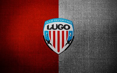 distintivo cd lugo, 4k, sfondo di tessuto bianco rosso, la liga2, logo cd lugo, stemma del cd lugo, logo sportivo, bandiera del cd lugo, squadra di calcio spagnola, cd lugo, la liga 2, calcio, lugo fc