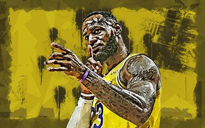 4k, LeBron James, grunge art, Los Angeles Lakers, NBA, LeBron James 4K, yellow grunge background, basketball, LeBron James Los Angeles Lakers, LA Lakers