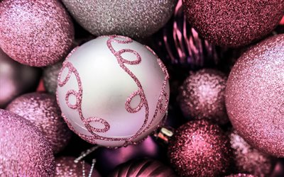 ピンクのクリスマスボール, 4k, 閉じる, あけましておめでとう, ピンクのクリスマスデコレーション, クリスマス, クリスマスボール, ピンクのクリスマスの背景, クリスマスの飾り