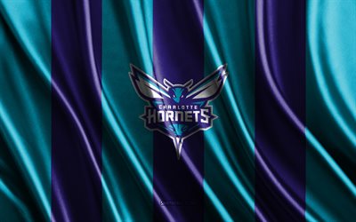 4k, Charlotte Hornets, NBA, purple blue silk texture, Charlotte Hornets flag, American basketball team, basketball, silk flag, Charlotte Hornets emblem, USA, Charlotte Hornets badge