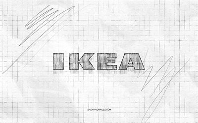 IKEA sketch logo, 4K, checkered paper background, IKEA black logo, brands, logo sketches, IKEA logo, pencil drawing, IKEA