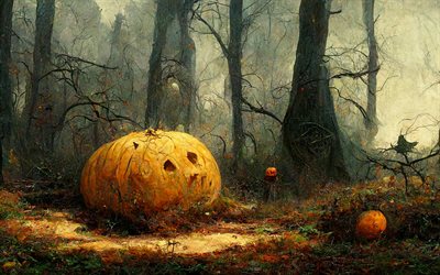 halloween, magical forest, pumpkins, art, fantasy, halloween pumpkins, trees, painted pumpkins, halloween concepts