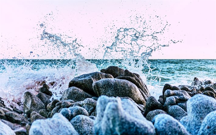 sea surf, water splashes, coast, evening, sunset, waves, storm, wet stones, water concepts