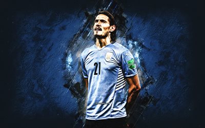 edinson cavani, uruguayische fußballnationalmannschaft, porträt, uruguayischer fußballspieler, hintergrund aus blauem stein, uruguay, fußball