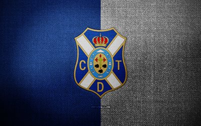 cd tenerife rozeti, 4k, mavi beyaz kumaş arka plan, laliga2, cd tenerife logosu, cd tenerife amblemi, spor logosu, cd tenerife bayrağı, ispanyol futbol kulübü, cd tenerife, la liga 2, futbol, tenerife fc