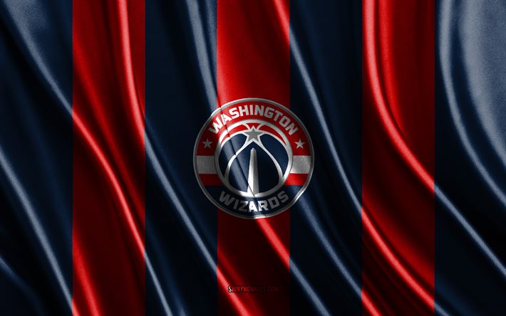 4k, ワシントン・ウィザーズ, nba, 青赤絹のテクスチャ, ワシントン・ウィザーズの旗, アメリカのバスケットボールチーム, バスケットボール, 絹の旗, ワシントン ウィザーズのエンブレム, アメリカ合衆国, ワシントン ウィザーズ バッジ