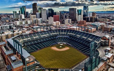 Coors Field, 4k, baseball field, aerial view, Denver, Colorado, Colorado Rockies Stadium, MLB, baseball, Denver cityscape, USA, Colorado Rockies, Major League Baseball