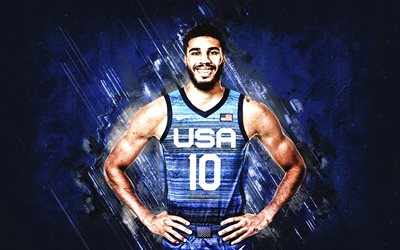 Jayson Tatum, USA, United States national basketball team, portrait, american basketball player, blue stone background, basketball