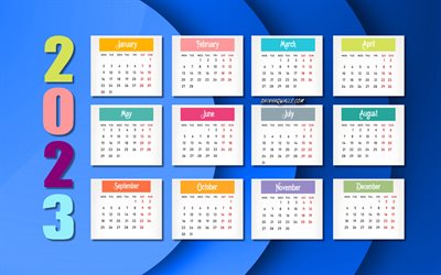 2023 blauer kalender, 4k, alle monate, hintergrund der blauen kreise, kalender 2023, 2023 konzepte, blauer abstrakter hintergrund, 2023 alle monate kalender, abstrakte kunst, kreise hintergrund