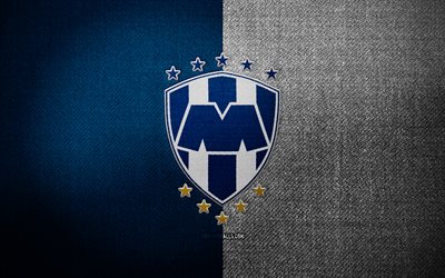 cfモンテレイのバッジ, 4k, 青白い布の背景, リーガ mx, cfモンテレイのロゴ, cfモンテレイのエンブレム, スポーツのロゴ, メキシカン フットボール クラブ, cfモンテレイ, サッカー, フットボール, モンテレーfc