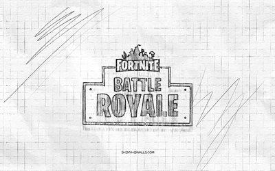 Fortnite Battle Royale sketch logo, 4K, checkered paper background, Fortnite Battle Royale black logo, games brands, logo sketches, Fortnite Battle Royale logo, pencil drawing, Fortnite Battle Royale