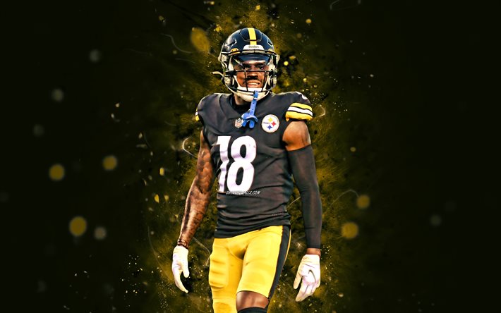 diontae johnson, 4k, luci al neon gialle, pittsburgh steelers, nfl, football americano, diontae johnson 4k, sfondo astratto giallo, diontae johnson pittsburgh steelers