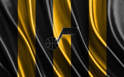 4k, Utah Jazz, NBA, black yellow silk texture, Utah Jazz flag, American basketball team, basketball, silk flag, Utah Jazz emblem, USA, Utah Jazz badge