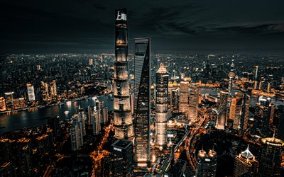 4k, tour de shanghai, centre mondial des finances de shanghai, paysages urbains d'horizon, grattes ciels, chine, villes chinoises, shangaï, photos avec shanghai, asie, paysages nocturnes, panorama de shanghai, paysage urbain de shanghai